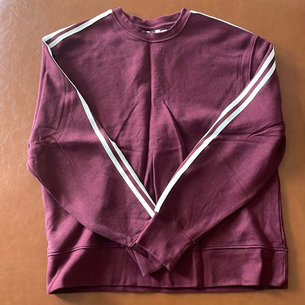 Topman brand maroon long-sleeve crewneck sweater. Striped sleeves. Size medium.